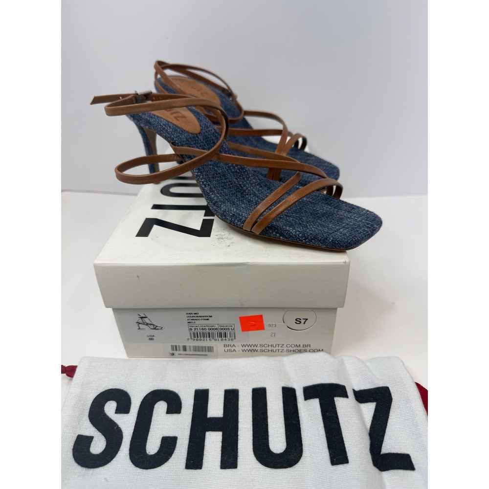 Schutz Bari Mid Heel Strappy Sandal Size 8 B Blue Brown Date Night Office